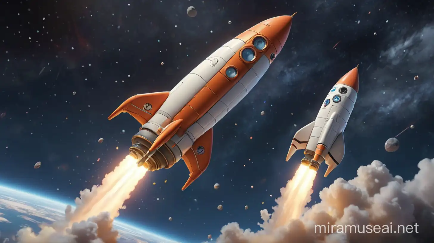 animated rocket in space, 3d pixar style, cartoon Disney style rocket, -neg two rockets, picture not according to prompt