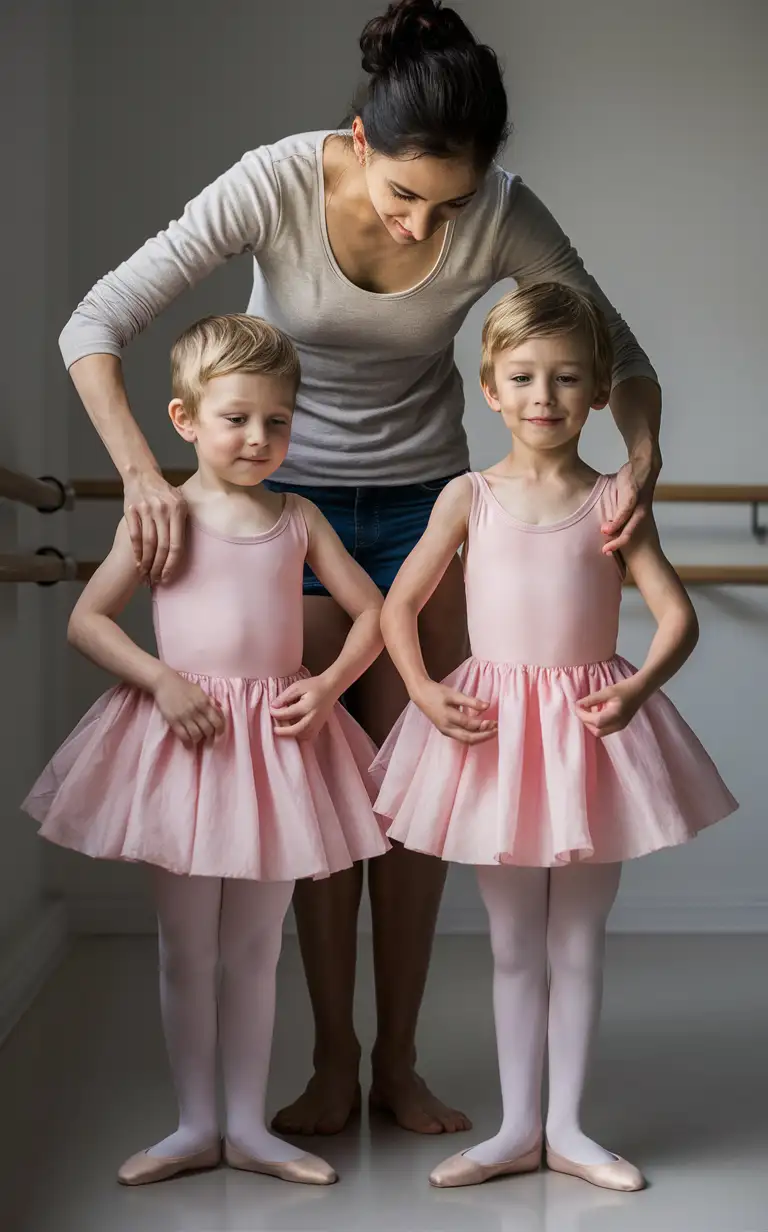 Gender role-reversal, Photograph of a mother dressing her two young sons, boys, age 6 and 8 respectively, up in pink ballerina dresses and tights, adorable, perfect children faces, perfect faces, smooth