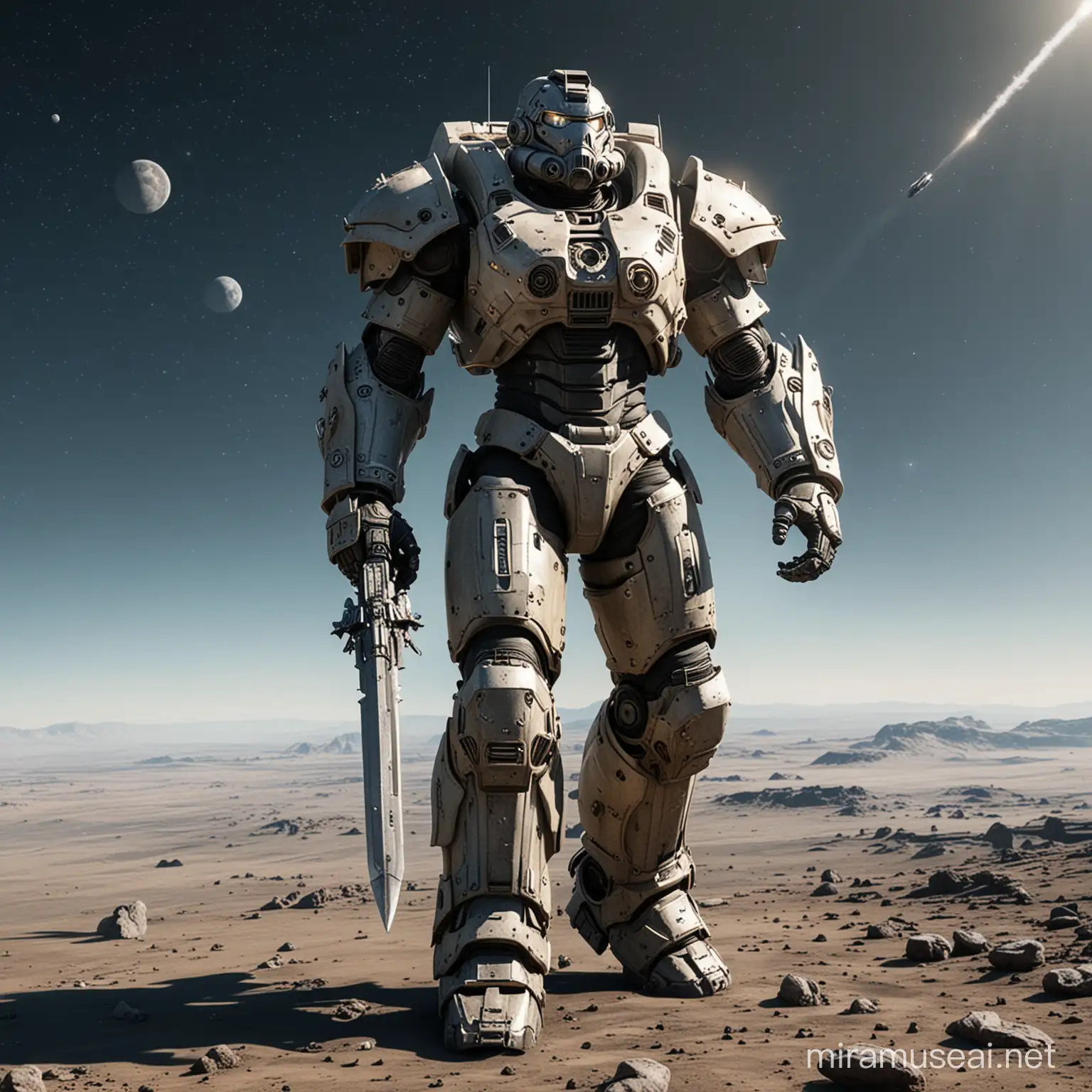 3-meter tall power armor suit with big sword  running in space, full body view