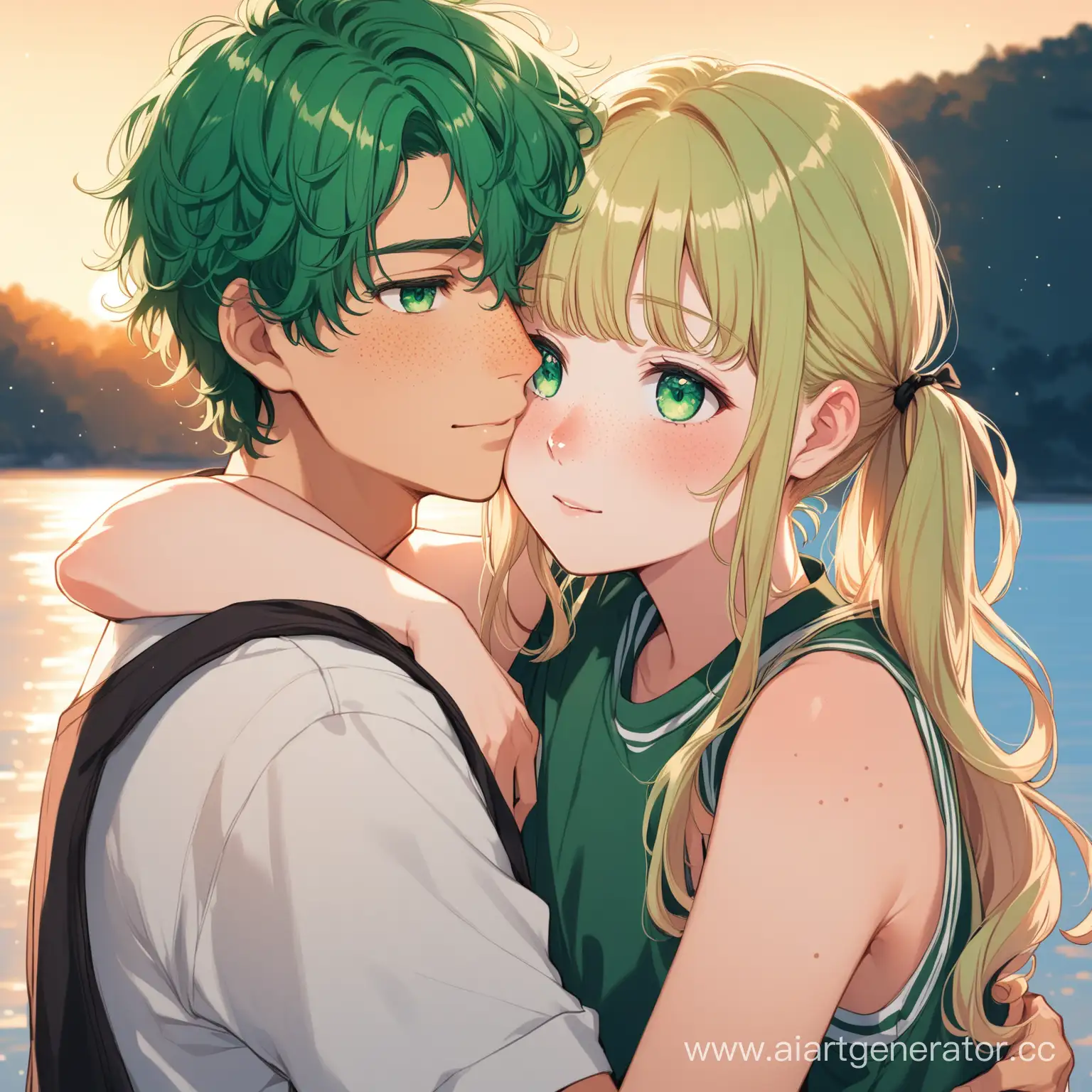 Curly-GreenHaired-Boy-and-Blonde-Pigtailed-Girl-in-Warm-Embrace