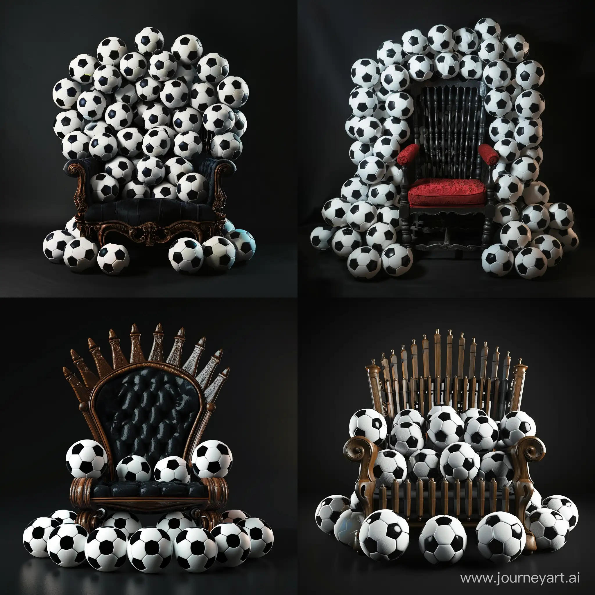 throne of soccer balls on black background
