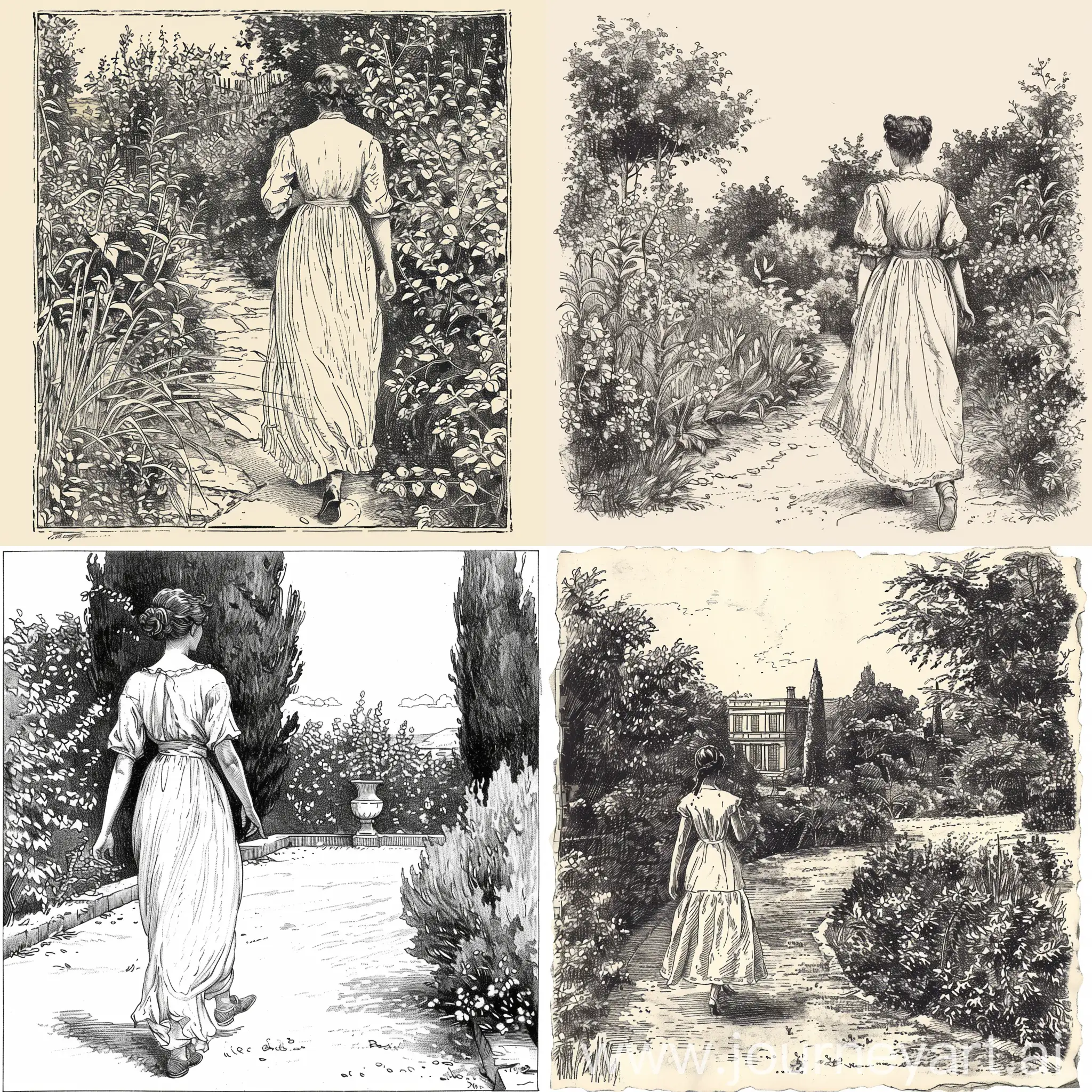 young woman walking in the garden vintage print single line drawing