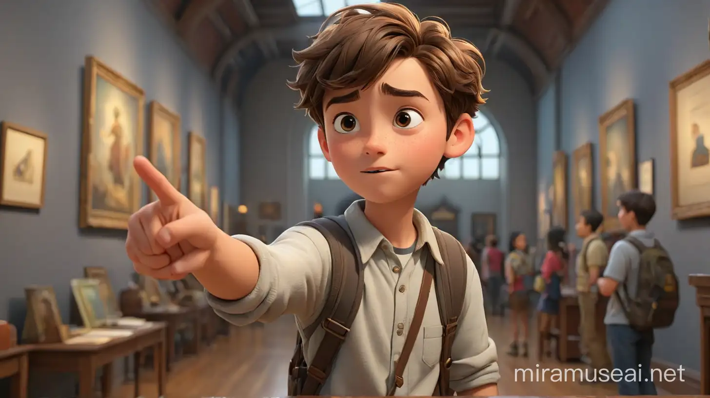 3D illustrator of an animated scene of   short student pointing to something  in the museum