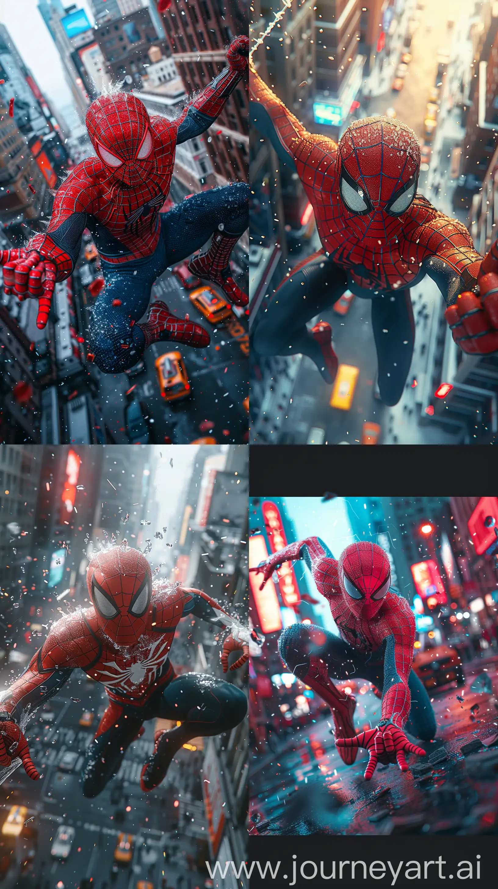 Super long shot of 4D effect Spiderman bursting through the screen, Spider-Man: Across the Spider-Verse style, Spiderman 2099 in dynamic action pose, futuristic New York Cityscape background, vibrant colors, cinematic depth of field, high resolution, immersive --ar 9:16 --s 750 --c 20 --v 6