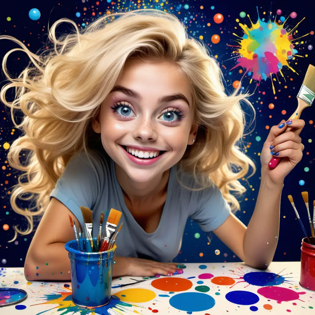 cartoon, wild blonde hair, big blue eyes, wide happy smile, pretty face, lady sitting at table with paint brush, sparkles in hair, bright colour bubbles in background 