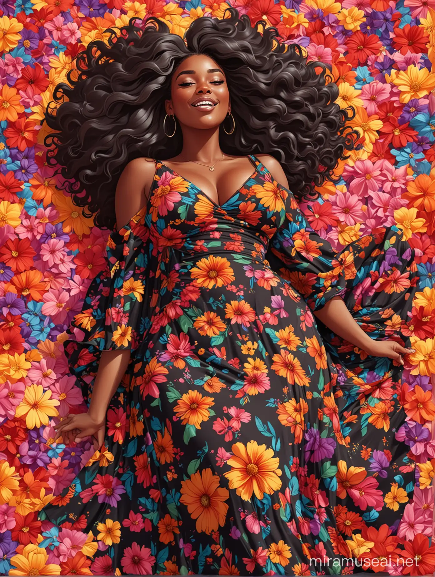 A sassy thick-lined vibrant cartoon art style cartoon black female lounging lazily on her side, surrounded by colorful large flower petals. her curvy body silhouette a black maxi dress. Looking up coyly, she grins widely, showing teeth. Her poofy hair forms a mane framing her confident, regal expression.