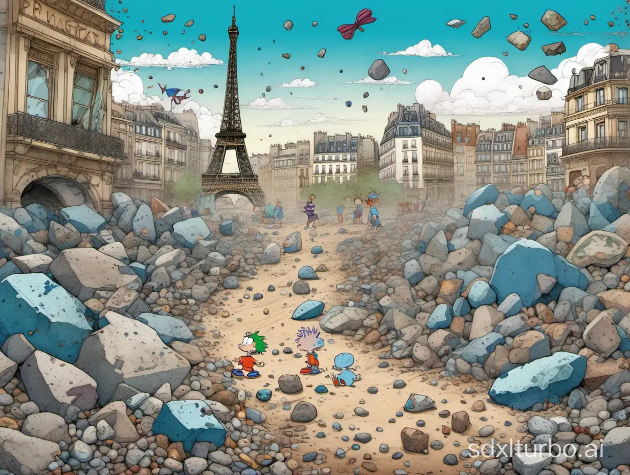 there is a blue wave of dust in the background and rocks and fragments of stones in the foreground,rugrats in paris style,high detailing
