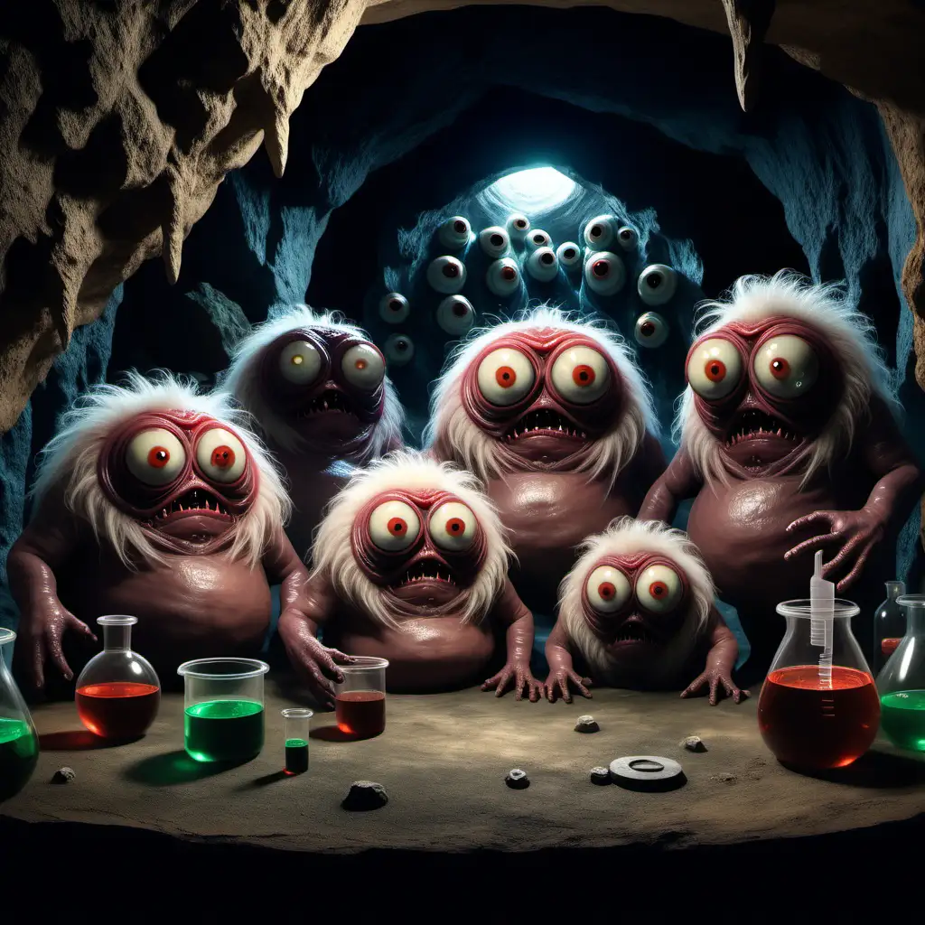 A small group of Bookling creatures from Zamonia, small, cyclops, one eye, inside a science lab with beakers, inside cave, inside labyrinth, photo realistic image, dark, striking, real looking, one eye, hairy, cute, round tummies, one eye, real world