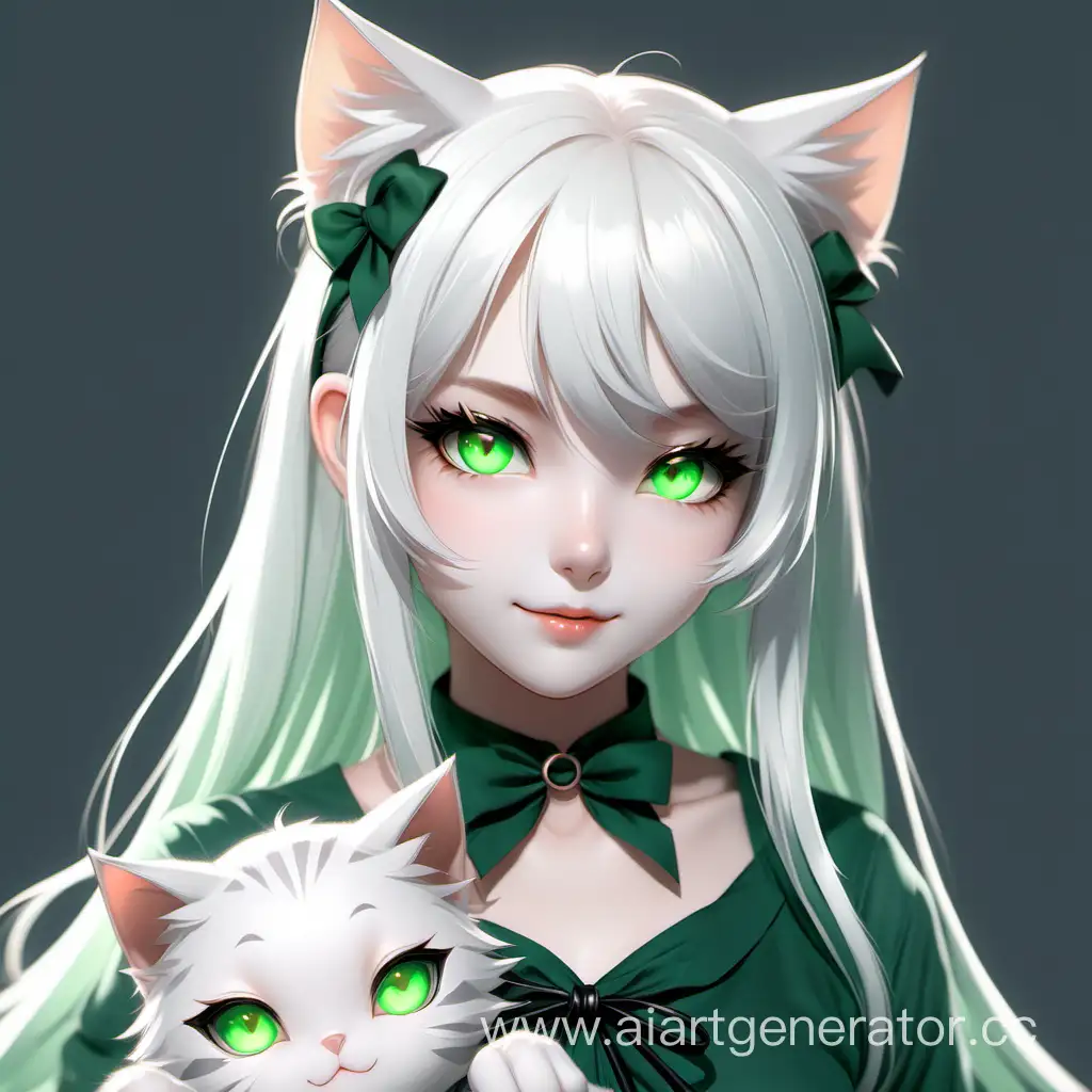 симпатичная зеленоглазая девочка-кошка с белыми волосами
