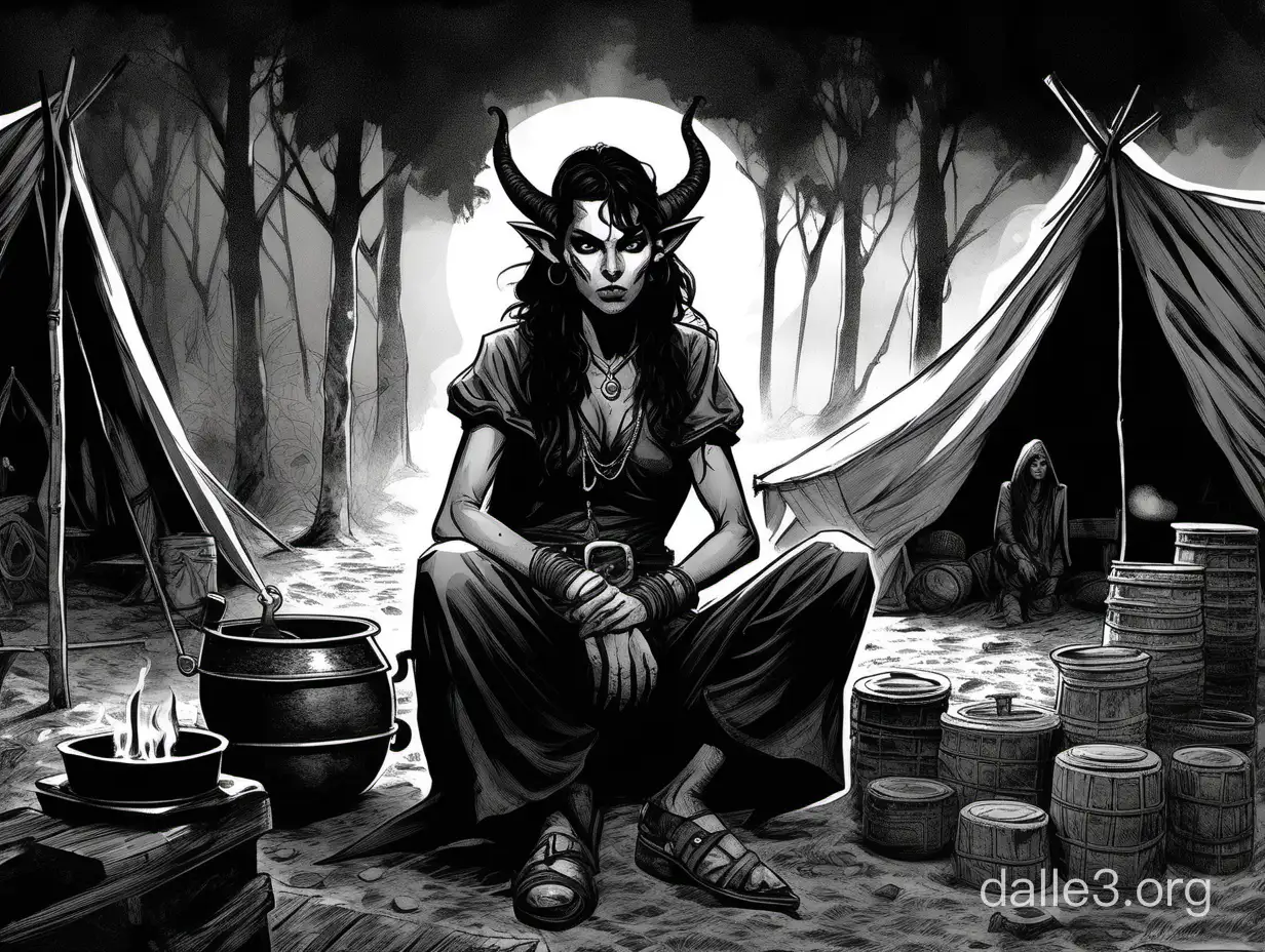 comic art, a pretty young tiefling:gypsy, in a gypsy camp, dark cloudy night, serious expression, dark and moody, two thirds body, black and white, high contrast, grungy, style of Ravenloft, style of 1982 Basic DnD, by Erol Otus,