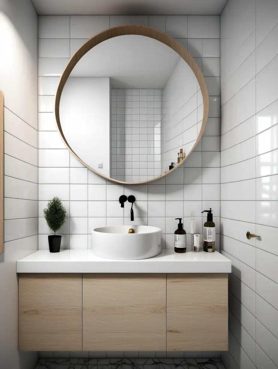 bathroom, white tile 6,5*10 centimeters, circle mirror under the a cabinet with a washbasin, 