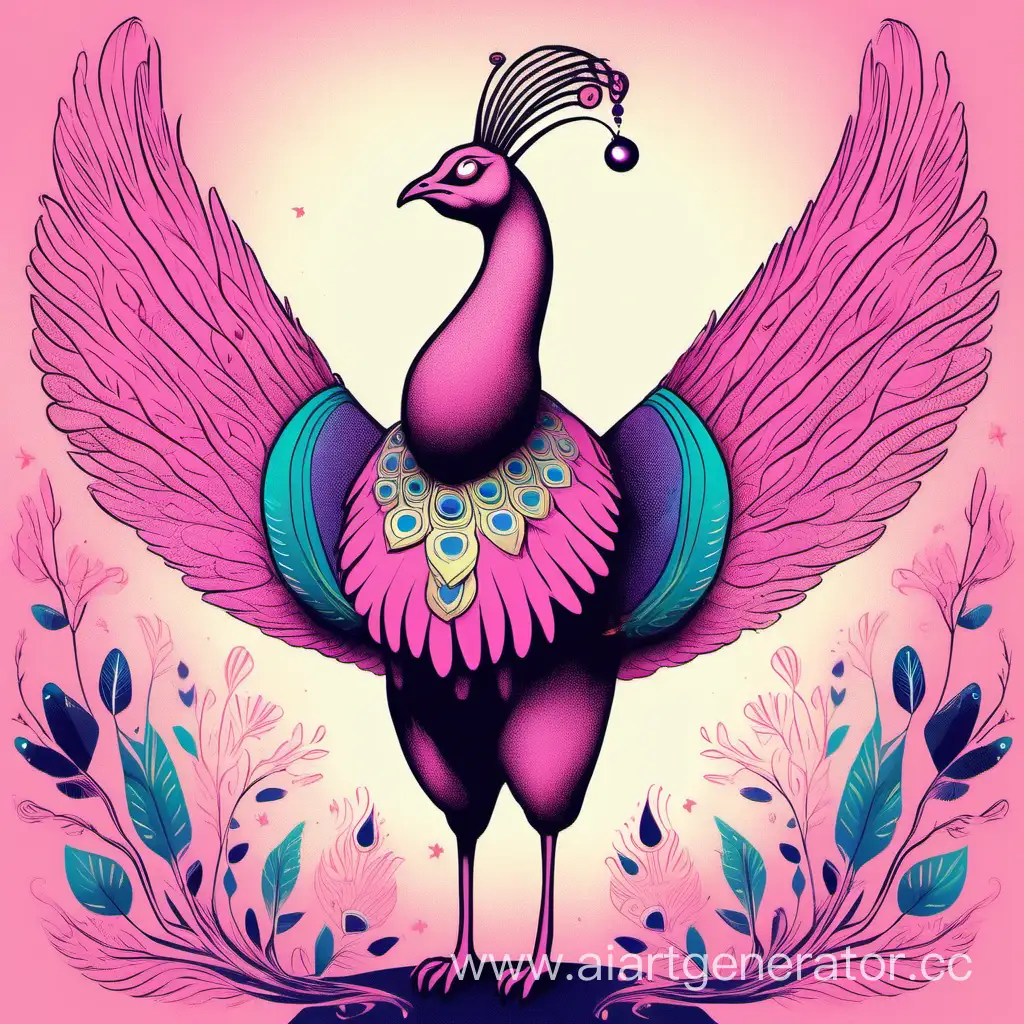 Волшебная огромная птица с крыльями хвостом павлина розовым брюхом и рожками как у козленка и четыре лапы