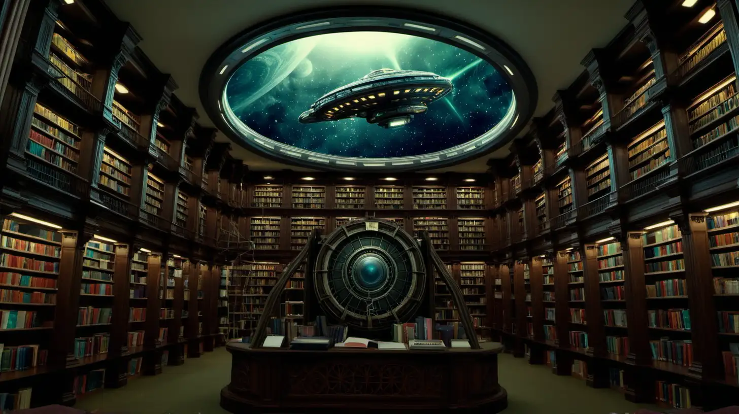 An old library with a time machine spaceship in it