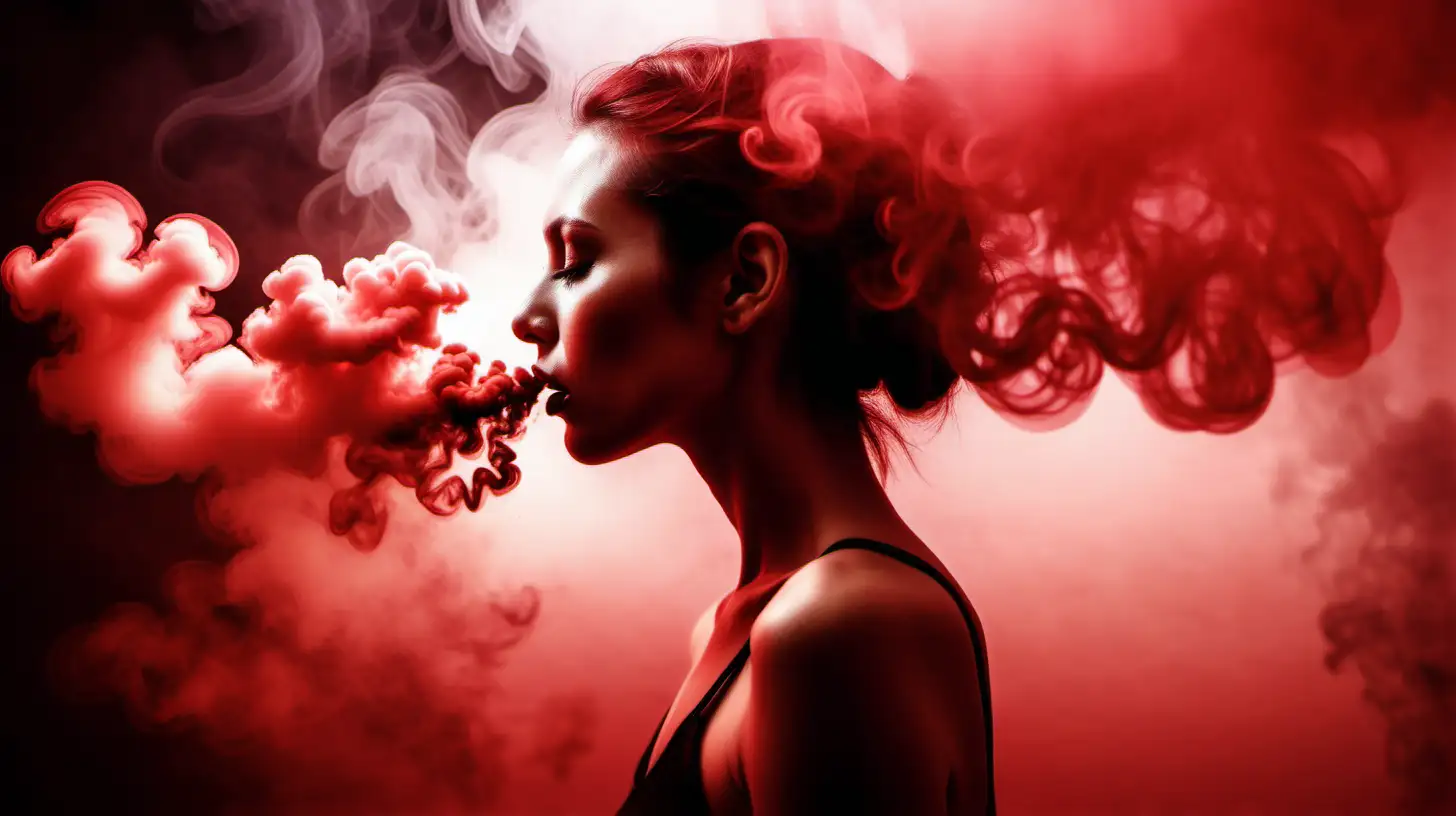 Atractive woman and red smoke mist in double exposure style"