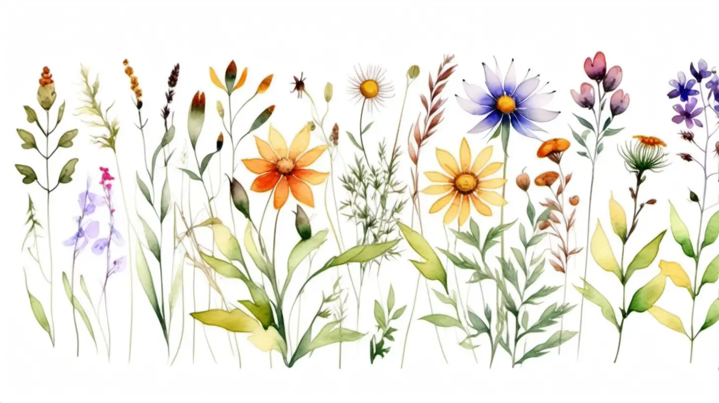 Watercolor wildflowers, white background 
 