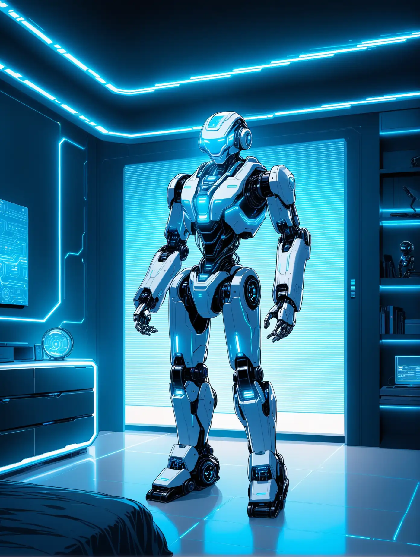 AI robot in his bedroom,
His bedroom has cool futuristic, high tech aesthetic, and blue LED lights 
backround art 