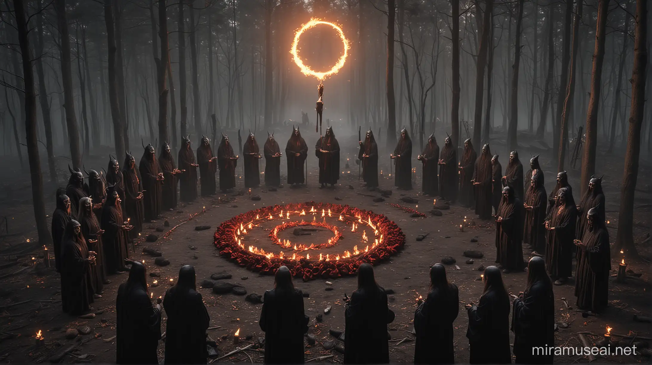 Dark Ritual Satanic Cult Gathering in Forest During Solar Eclipse
