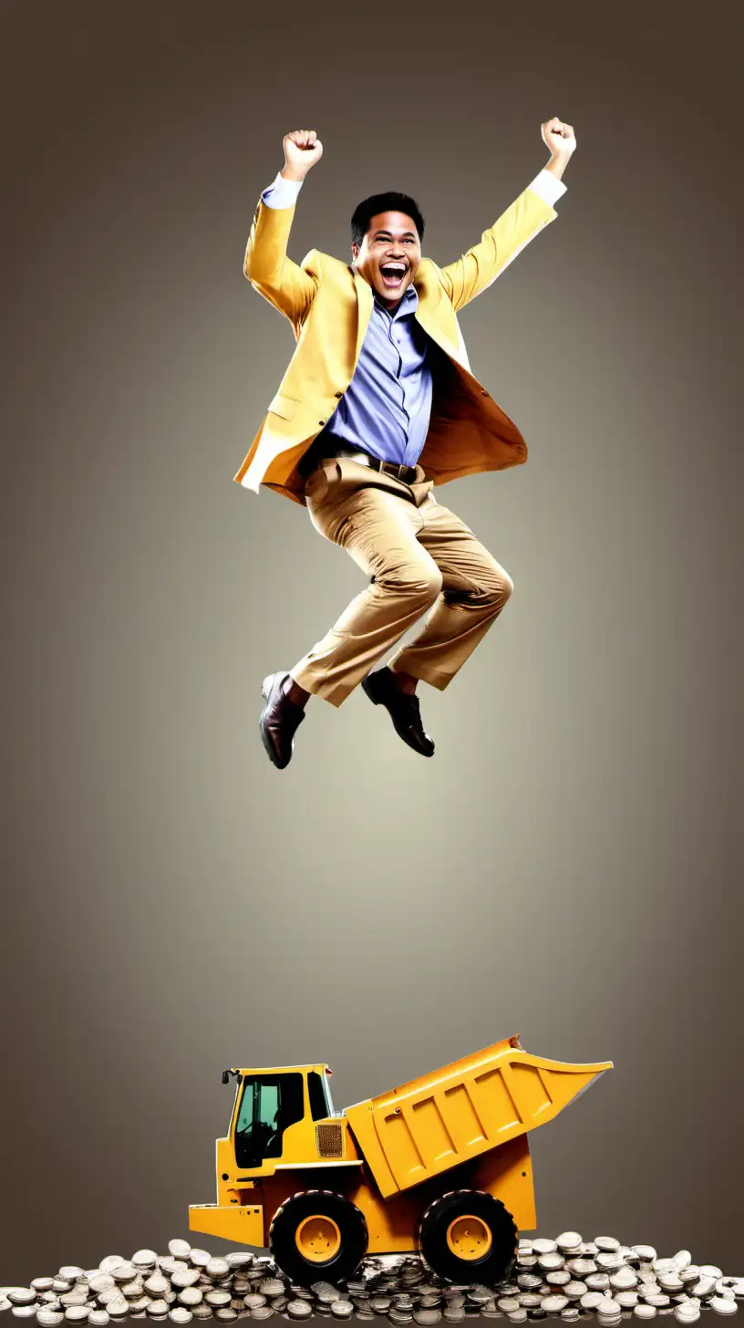 enterpreneur, big heavy equipment, brown, yellow, man, jump, happy, indonesian, loan, nickel, background