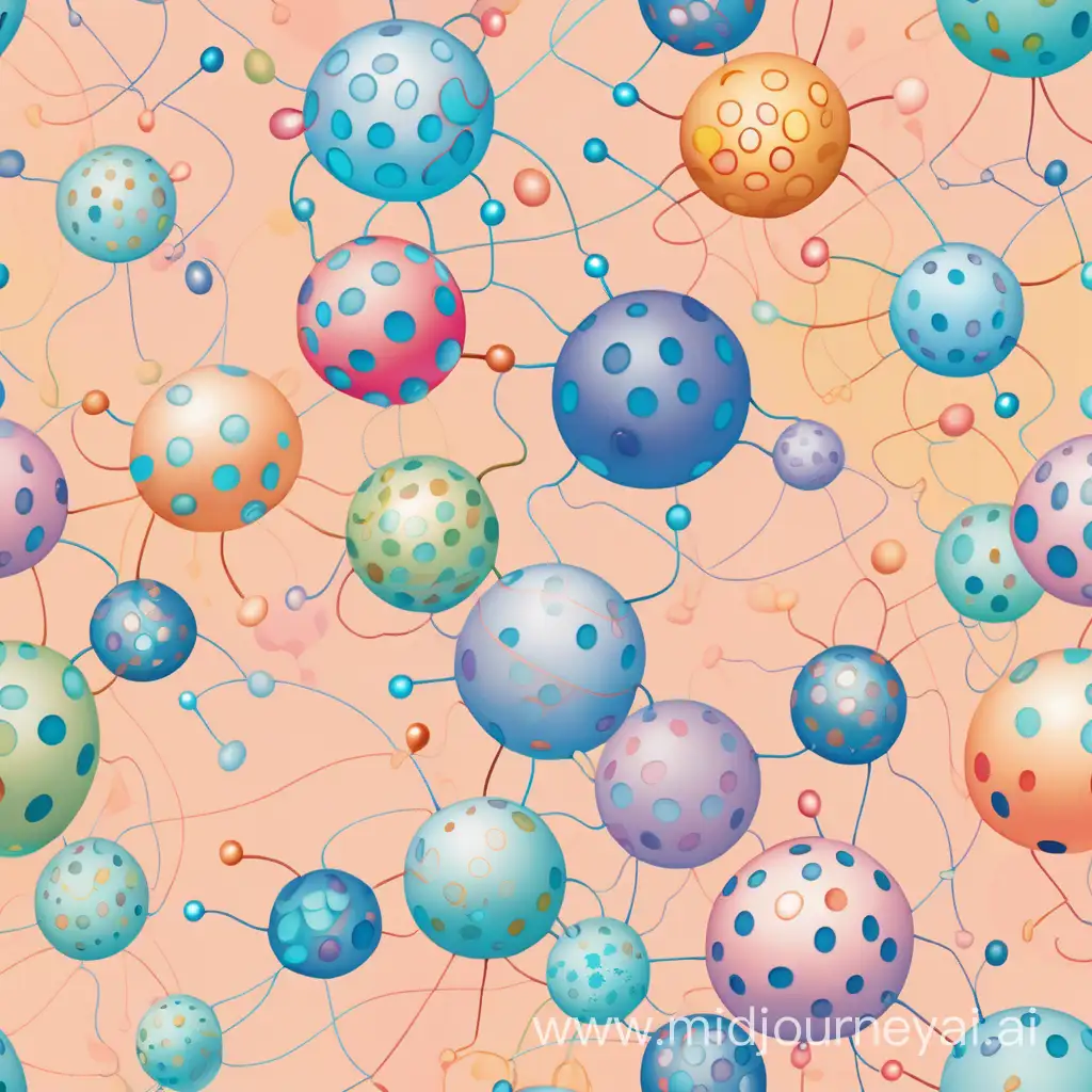 Illustrate a whimsical microscopic world with colorful small balls dancing joyfully. The background should be pastel-colored with abstract, soft shapes to represent a microscopic view. The balls should have tiny smiling faces and appear mid-dance, with motion lines to show movement.