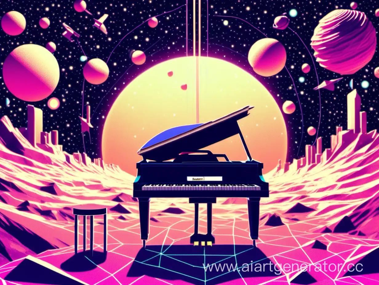 pianino in space and low-poly, style synth pop 