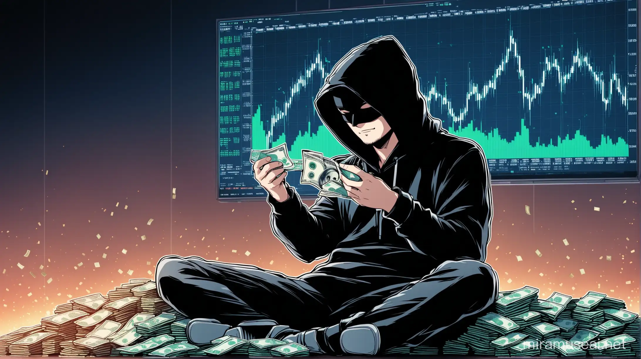 hacker sitting with money in his hands in front of big stock chart in background which  was going up but then dumped. make sure that the chart is at the bottom by the end