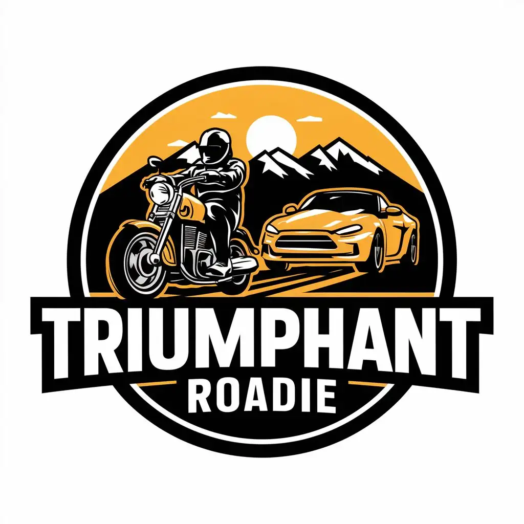 logo, Roadster Motorcycle and car riding on a road or mountains in PNG format with background removed, with the text "Triumphant Roadie", typography, be used in Travel industry