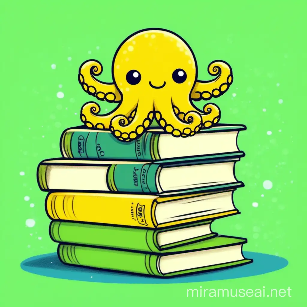 4 opened books lying on the floor and cute, adorable, cheerful, cartoon-like yellow octopus, standing on top 4 of it. Big green circle in the background.