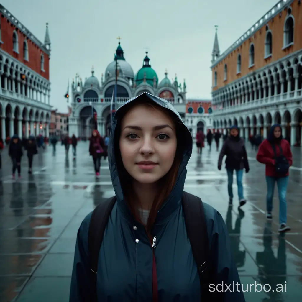 A girl walks up to the camera on the rainy San Marco Square of Venice. Cinematic.