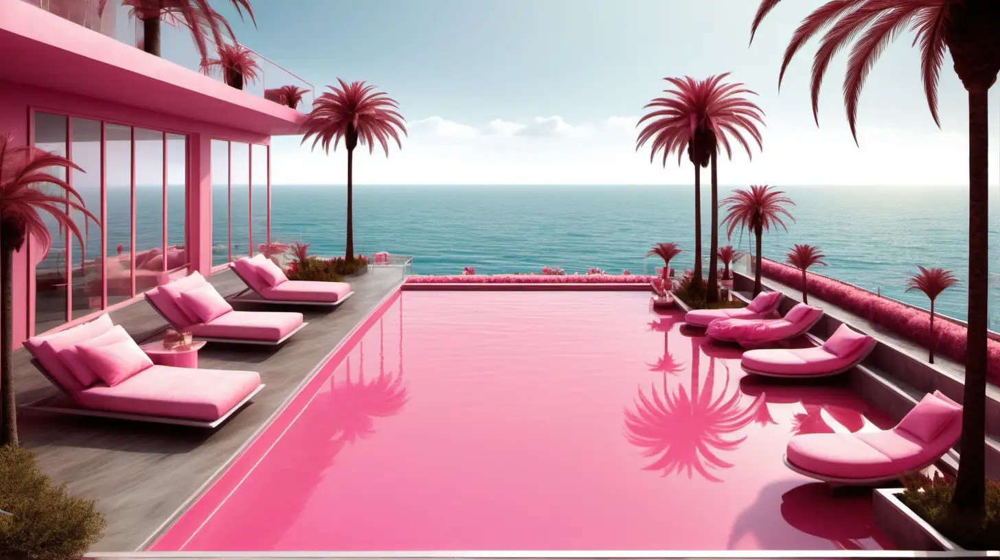 fait moi une superbe terrasse , avec une piscine rose venant de la mer., palmiers, thème Tomorrowland , vue sur mer