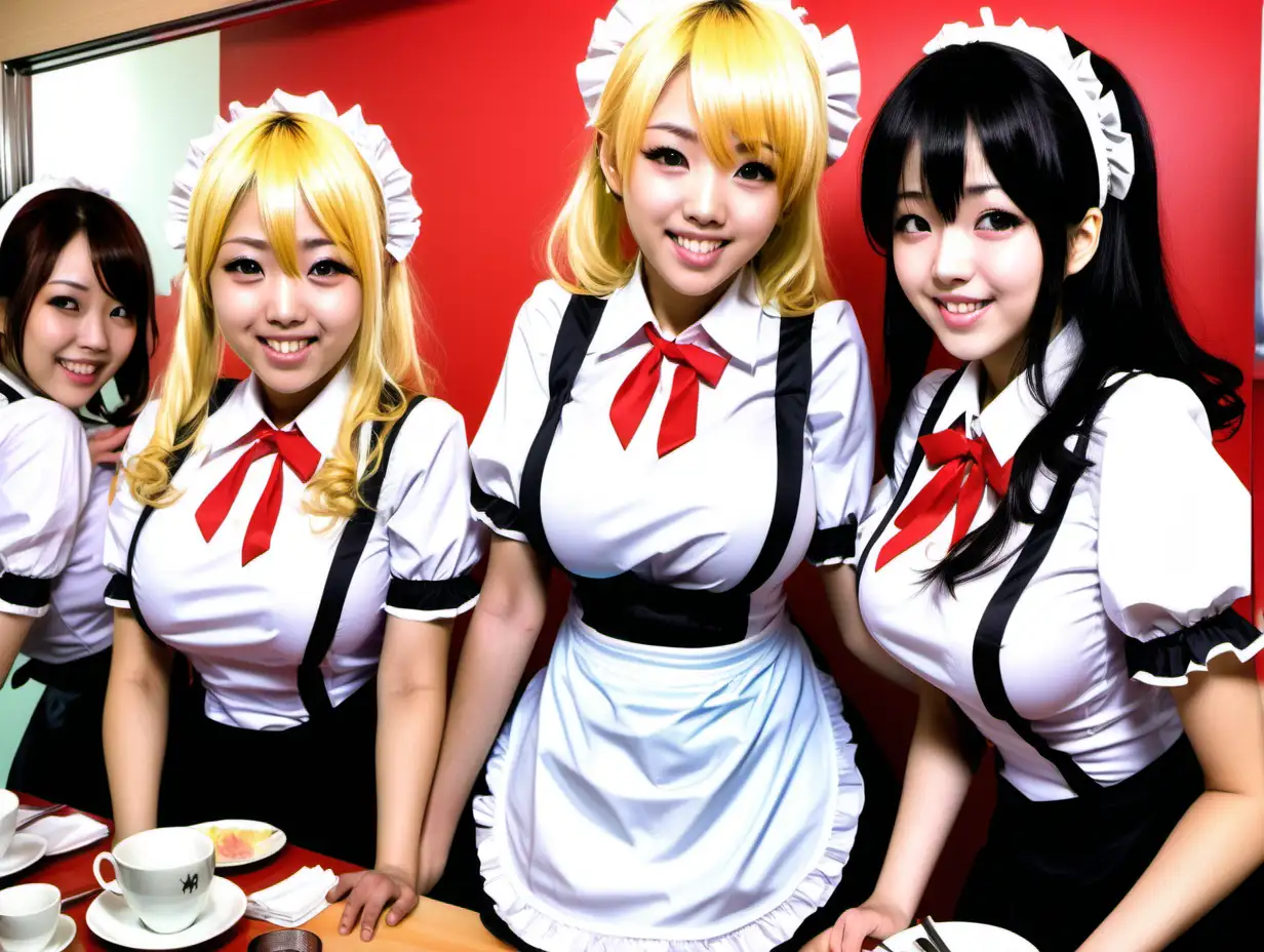 busty waitresses at the maid café, serving an embarrassed guy, shonen manga style, comic style, some colour shading