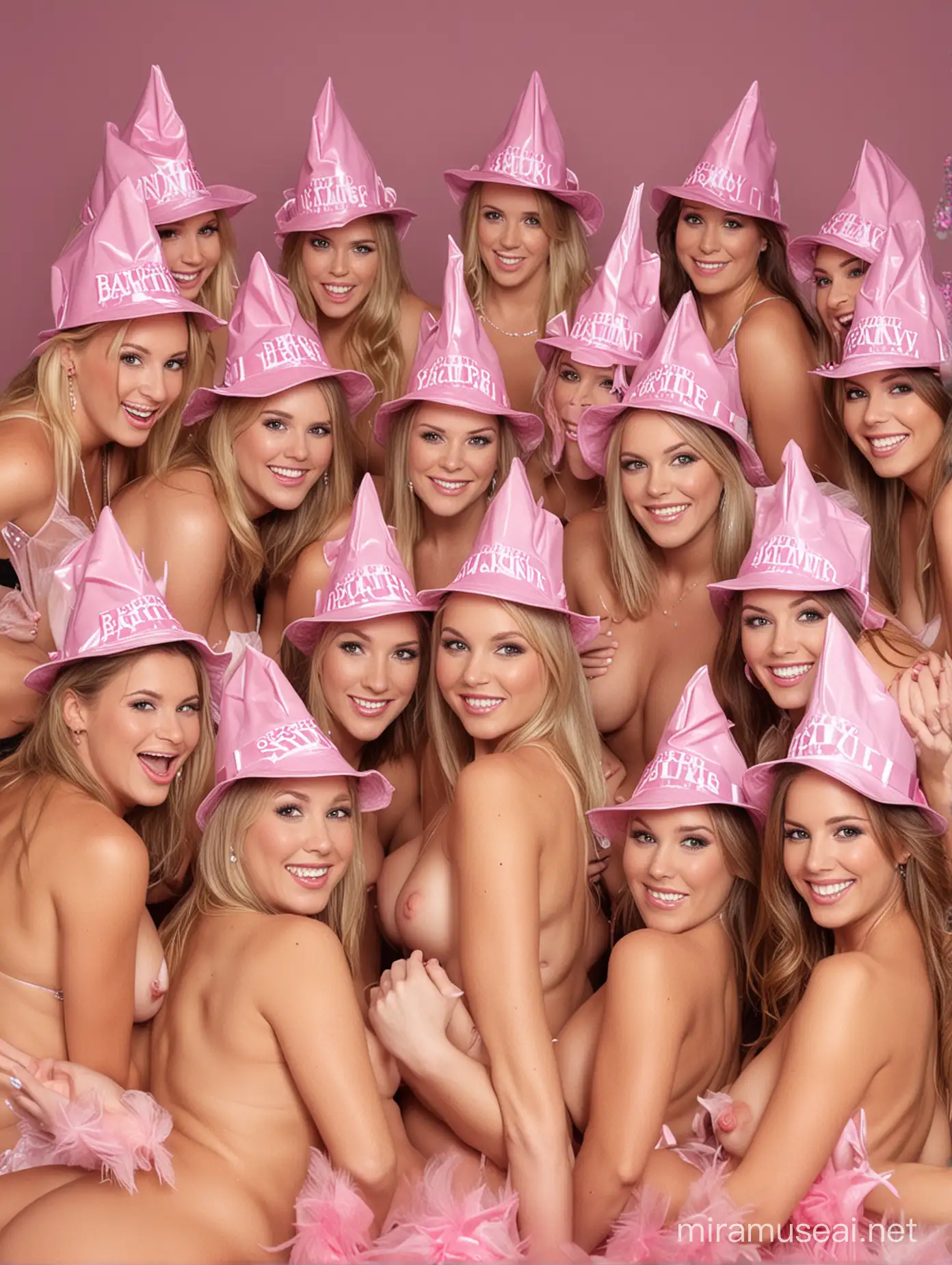 Vibrant Bachelorette Party Celebrating in Club with Pink Hats