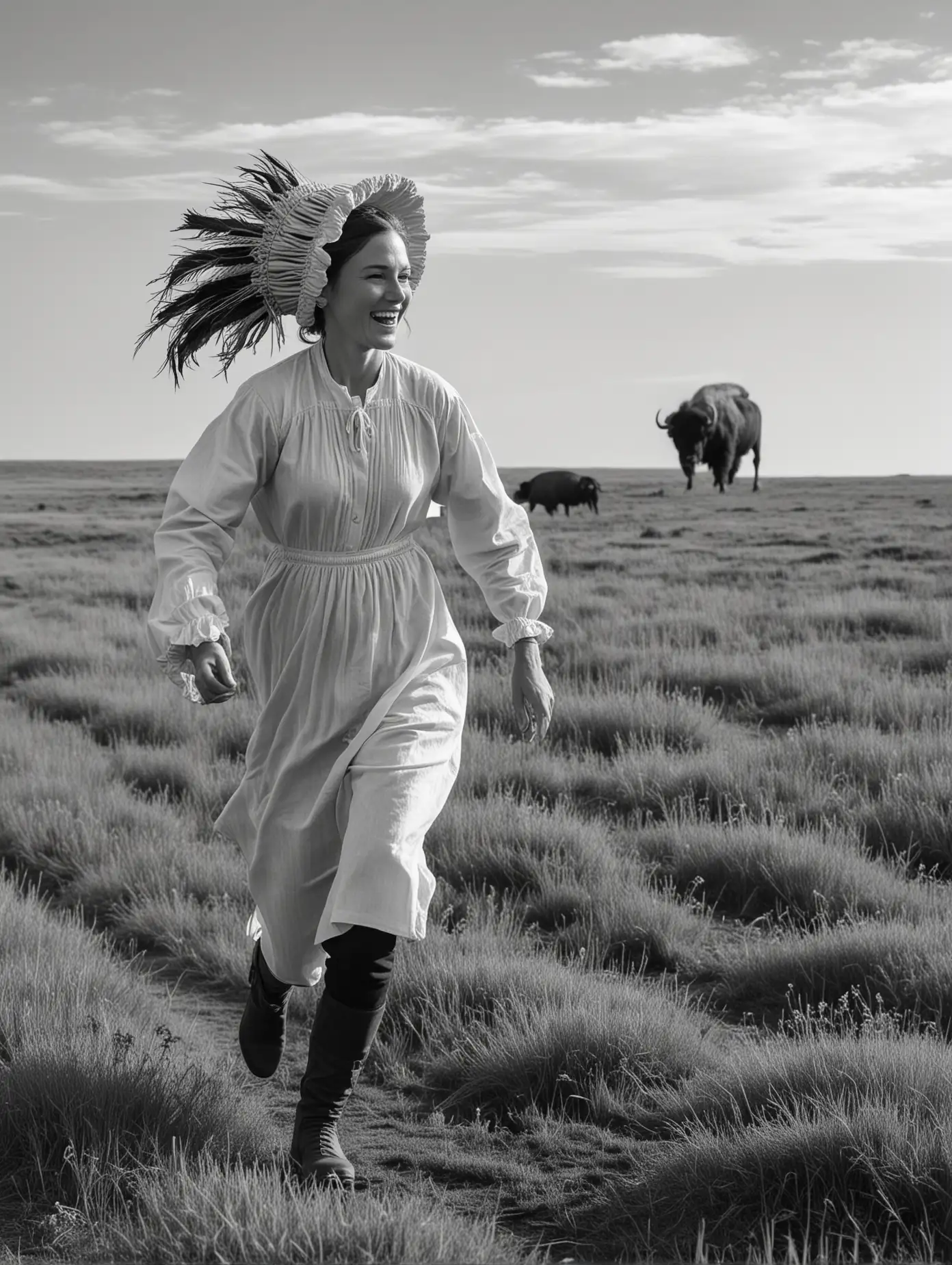 A woman runs through the prairie, arriving at her new land for the first time. She is a pioneer and wears a bonnet. There are buffalo in the background. She is seen from the side. In black and white. 