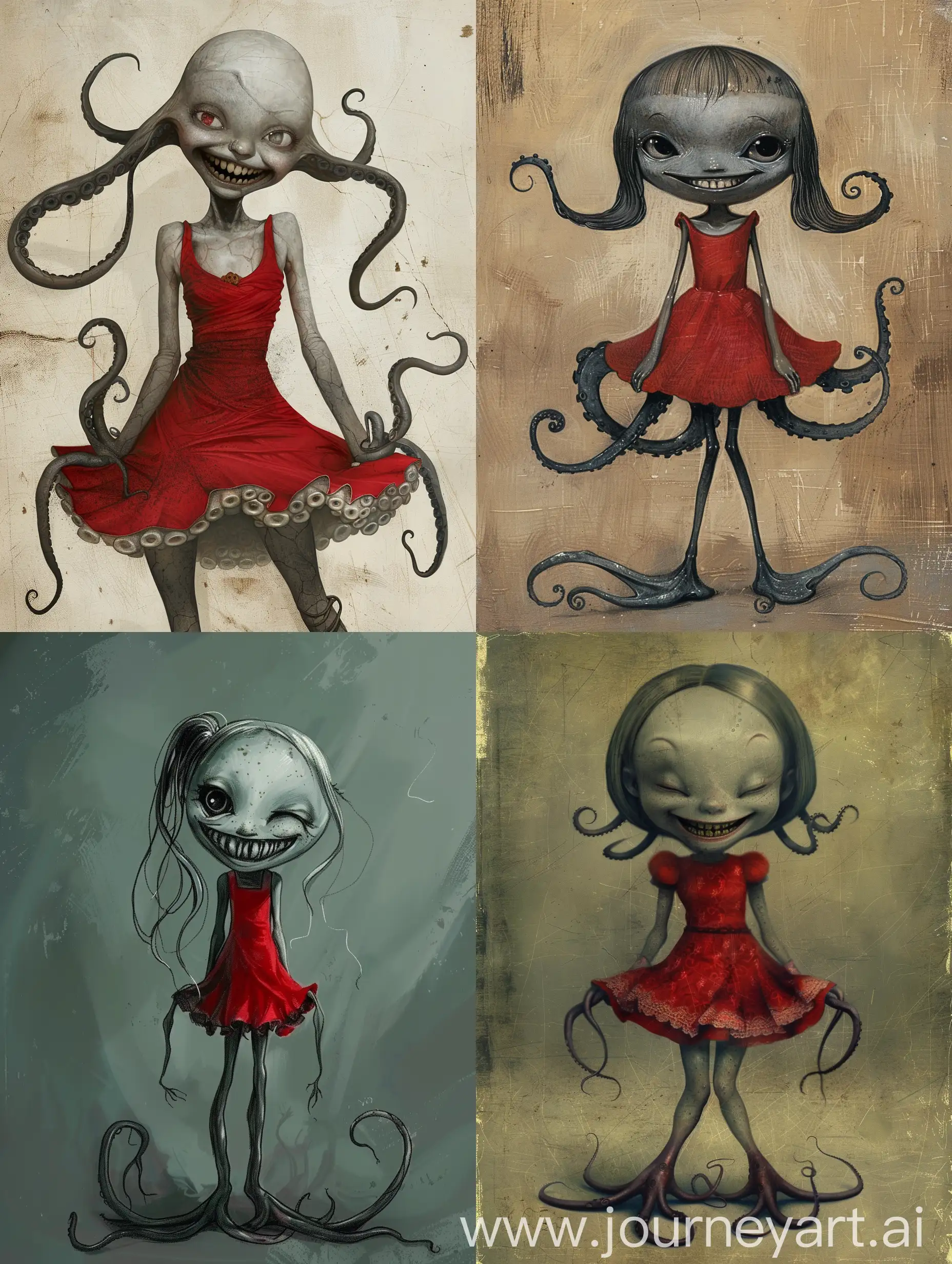 girl, tentacles instead of legs, red dress, gray skin, grin