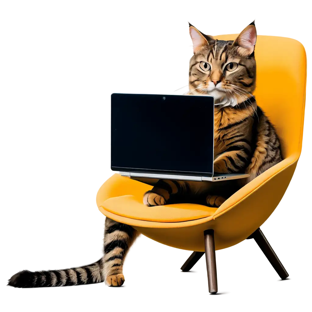 ComputerSavvy-Cat-Sitting-on-a-Chair-Captivating-PNG-Image-Illustrating-Feline-Tech-Savvy