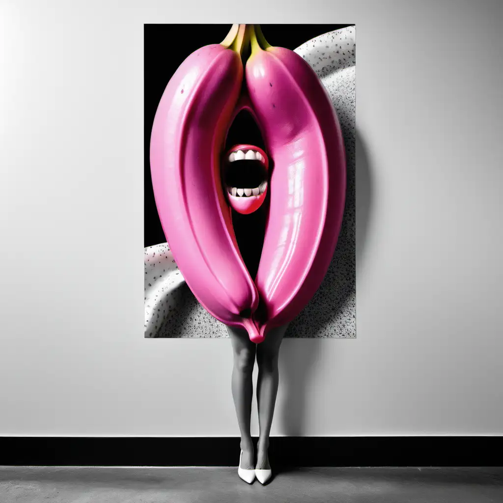 Aesthetically perfect collage art of several cutout magazine images glued together: 1 gigantic neon banana, beautiful magenta female mouth in shape of strawberry with tongue stuck out, ice-cream, grey coloured legs, two hands touching in black and white, shocking provocative attractive chic art, modern contemporary, highly artistic