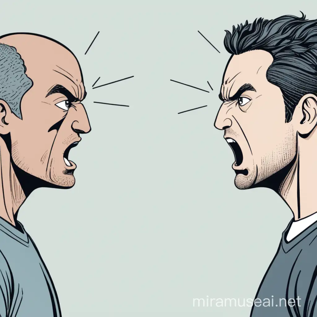 Two people arguing face to face and someone in the middle calming them down, all men 