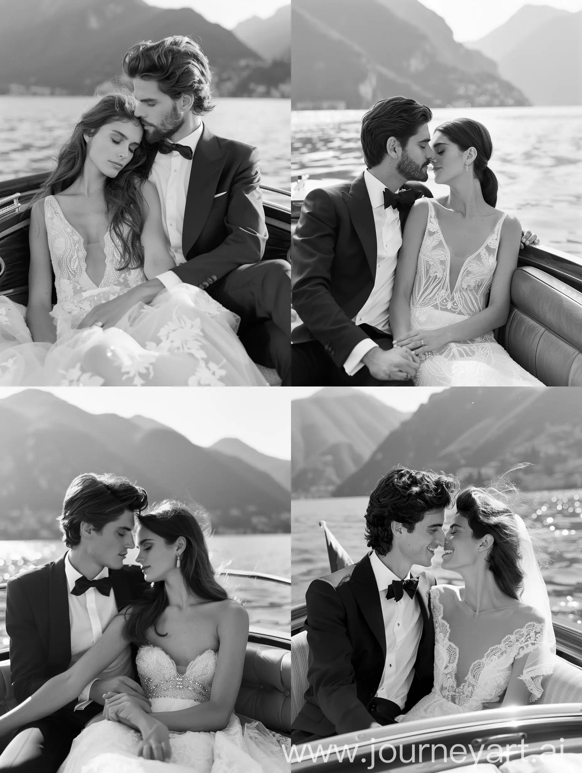Editorial wedding photoshoot on lake como on boat using kodak portra black and white with 35mm film