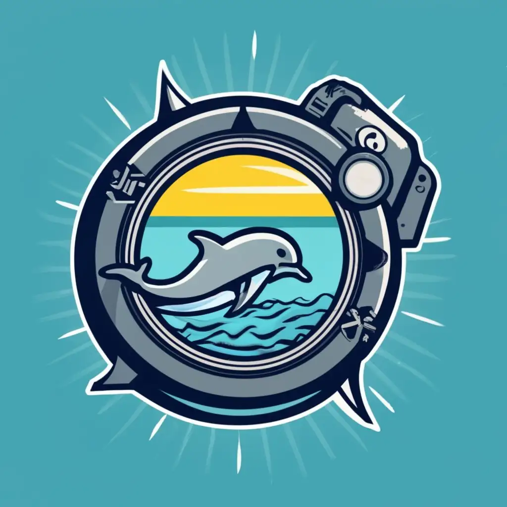 logo, A dolphin leaping out of the water on a sunny day inside a camera shutter which is inside a compass , with the text "Adventure Tim", typography, be used in Travel industry