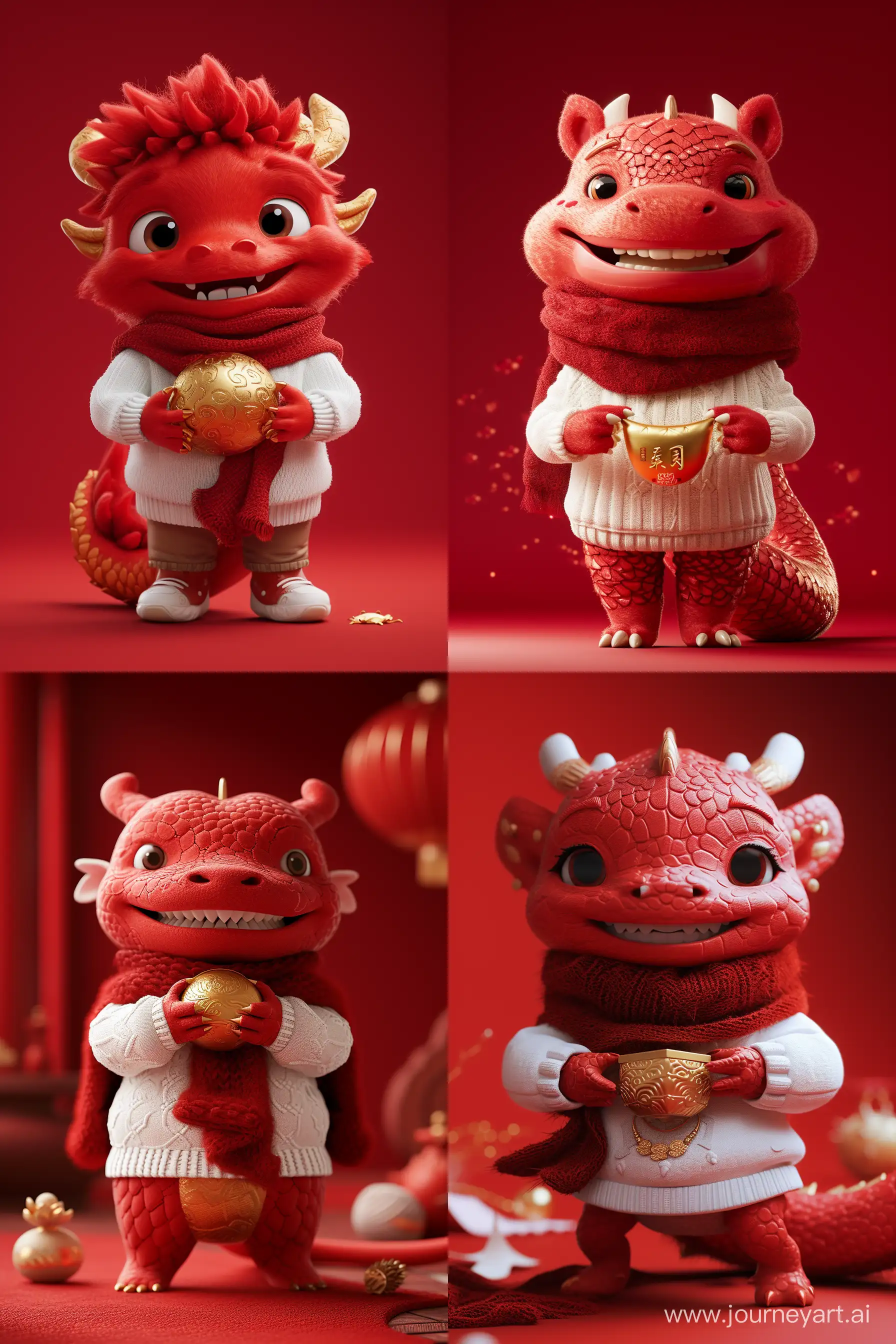 A cute humanized red Chinese dragon, wearing white sweaters and a big red wool scarf , smile , Holding a gold ingot in both hands , 3DPixar style, big red background, Pure Chinese red background --chaos 10 --ar 2:3 --s 300 --v 6