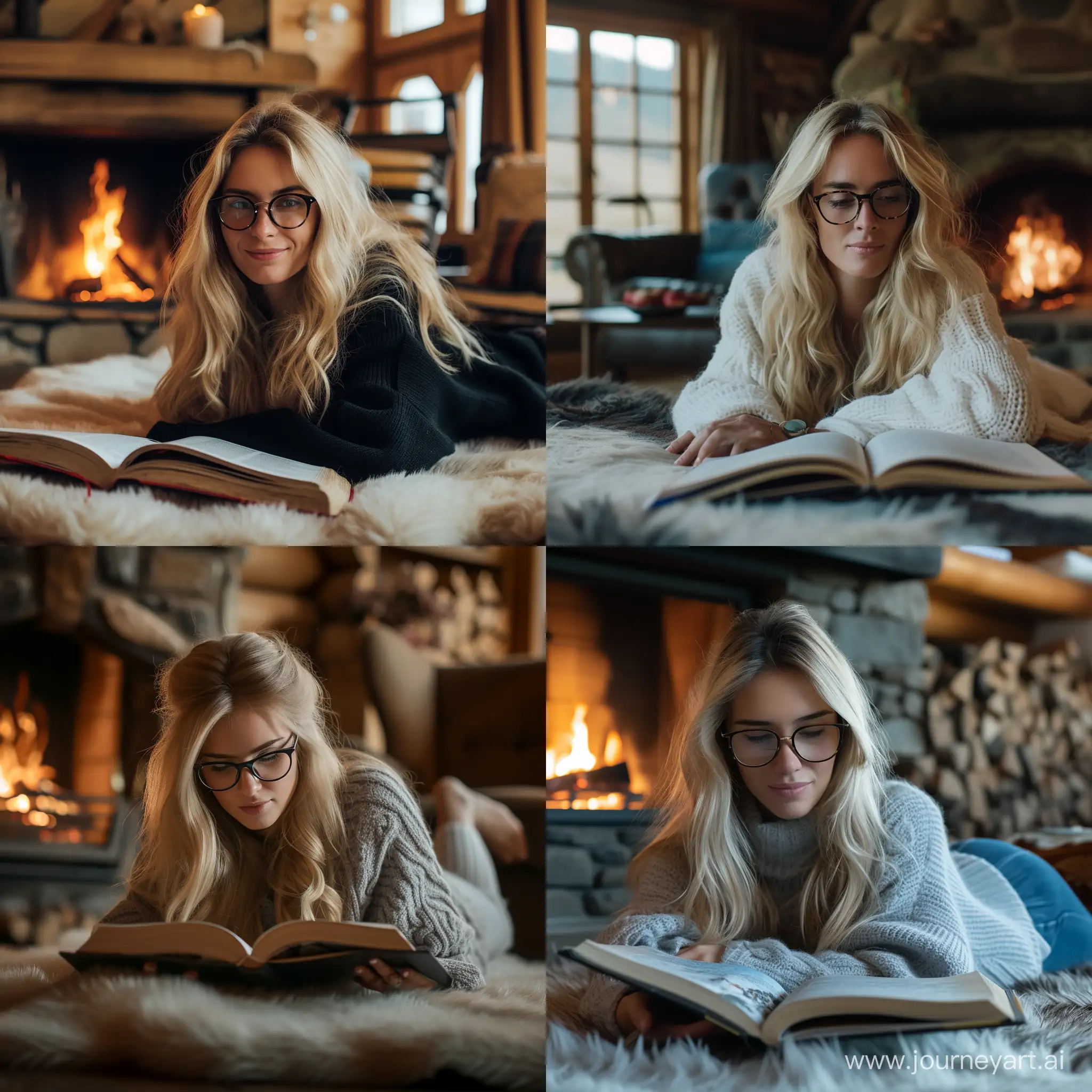 create a real blond hair woman with glasses lying and reading book inside chalet in front of fireplace