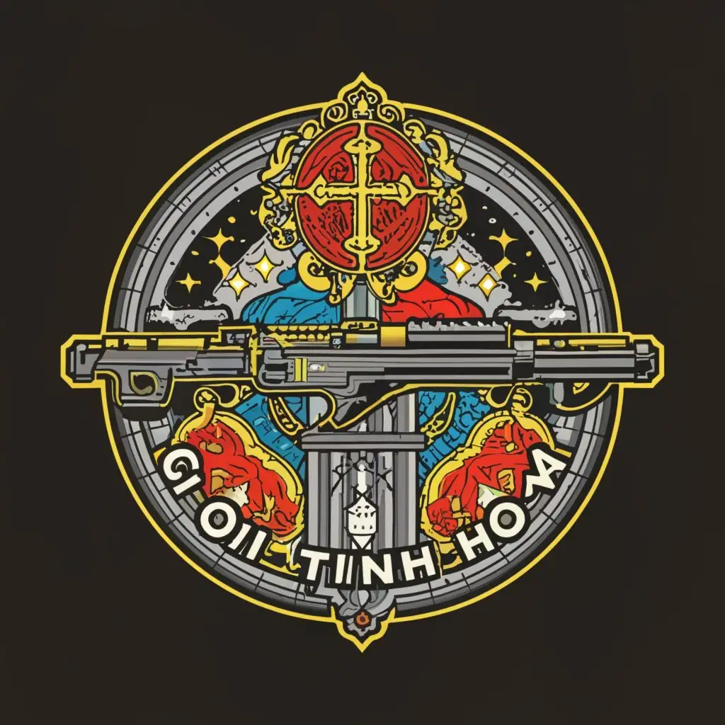 a logo design,with the text "Gioi Tinh Hoa", main symbol:gun,complex,be used in Religious industry,clear background