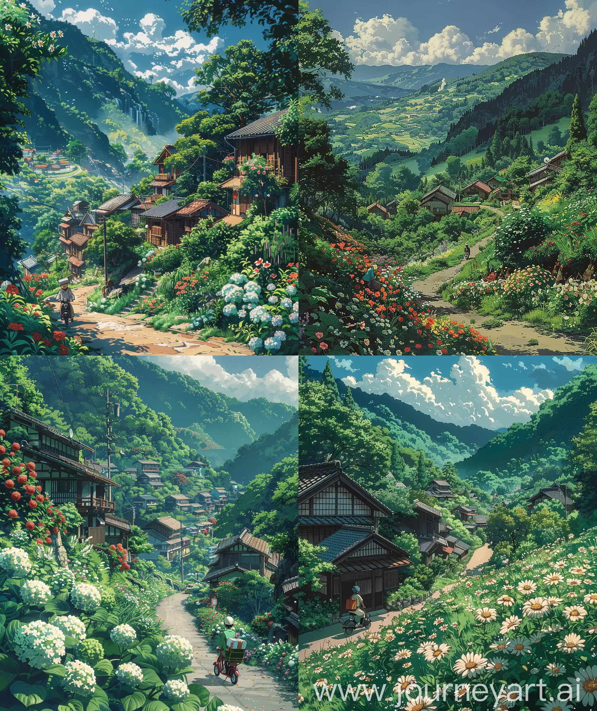 Anime scenary, illustration, day time, mokoto shinkai style, countryside, mail man on scooter , hillside village, beside road, many flowers, greenery,  ultra HD, illustration, High quality, no blurry image, no hyperrealistic --ar 27:32 --s 400