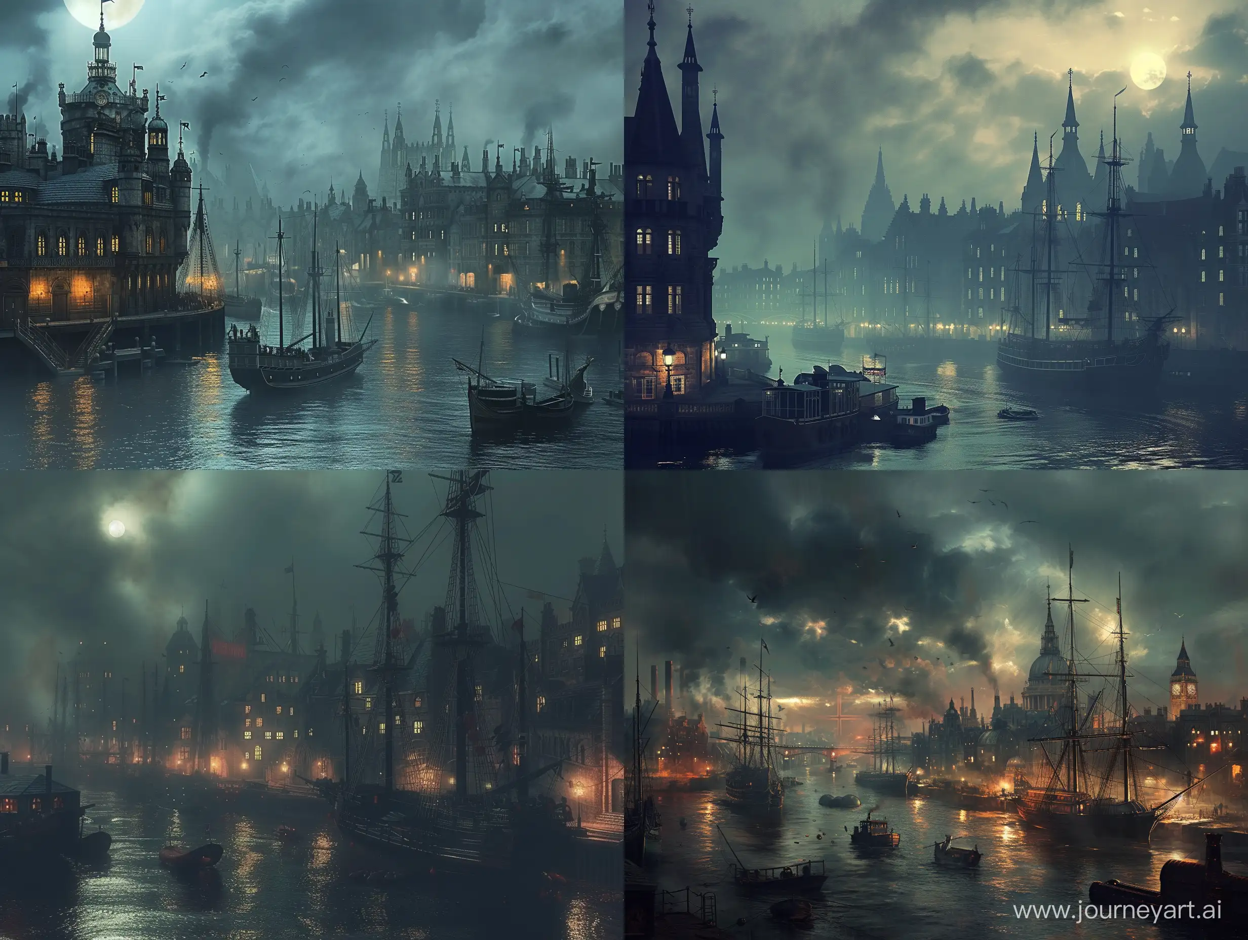 Gloomy-Fantasy-Port-Landscape-in-Old-London-Style-at-Night-4K-Ultra-HD-Wallpaper