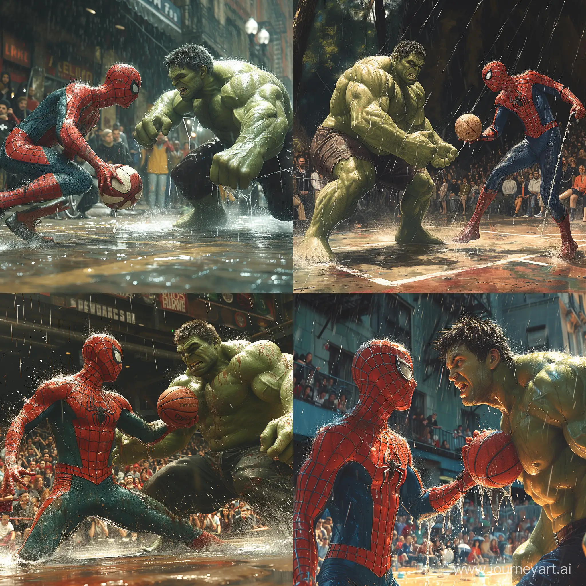 A realistic picture of Spider-Man and Hulk playing power ball in the rain, in front of an audience watching the match, with blur in the background, accuracy, focus, and very fine details on fabrics, skin, and skin --stylize 750 --v 6