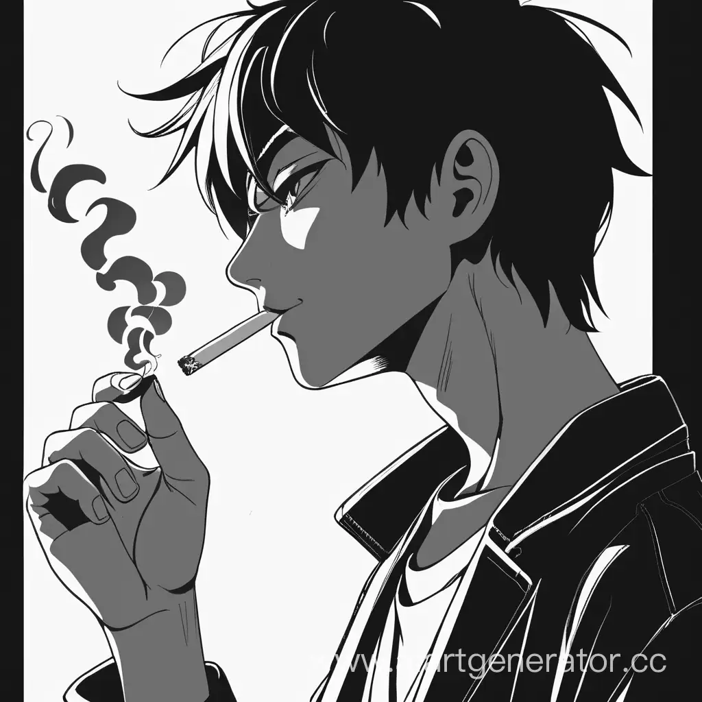 Аниме пацан курить сигарету и выглядит круто в черно белом оттенке, ракурс лица профиль