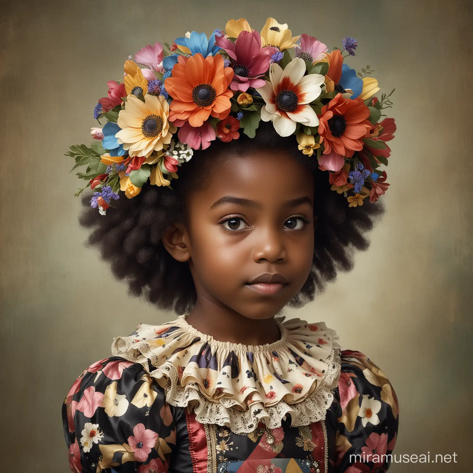 petite fille noire portant un habit d’Arlequin, elle a des fleurs, des anémones dans les cheveux , l’image respire le charme d’une époque révolue, capturant l’imagination avec son mélange unique de détails minutieux et de réminiscences vintage.