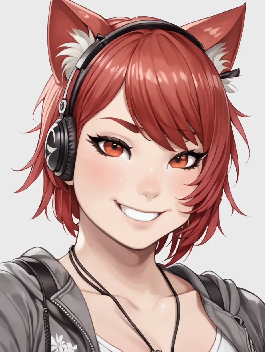 Plus size happy neko girl with short red hair in a mohawk style 