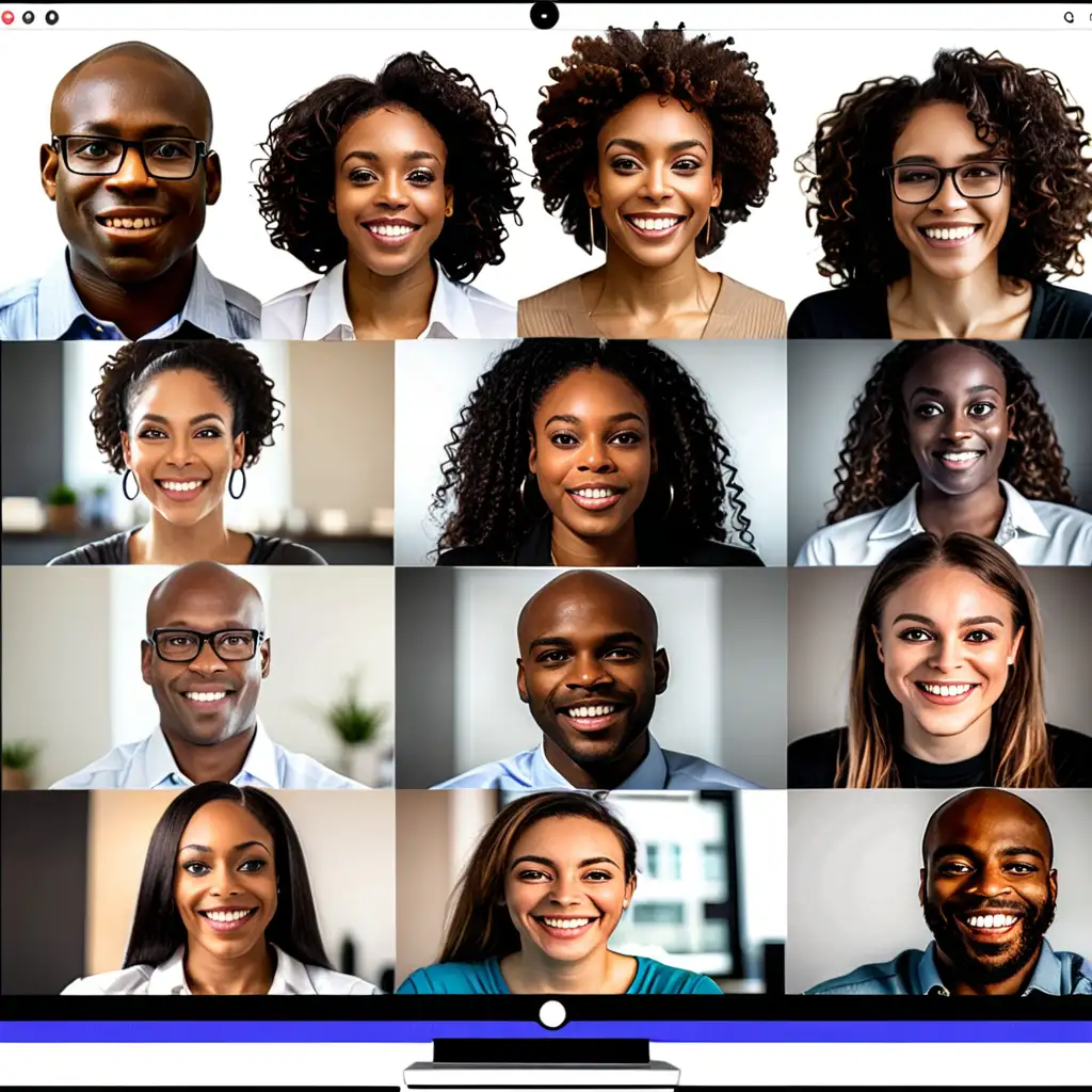 a picture of group coaching on zoom, include a black men and black women

