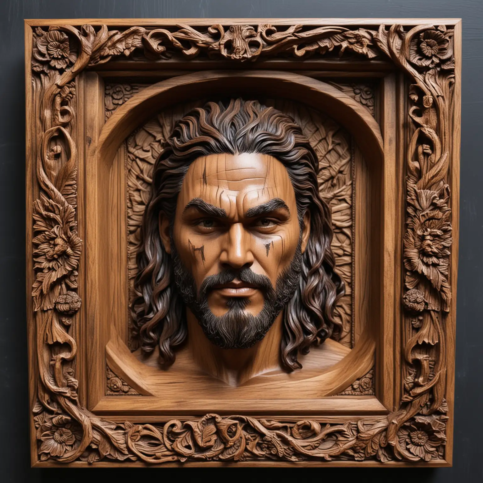 Jason Momoa in the style of agame of thrones in 3D wood carving and dark wood frame