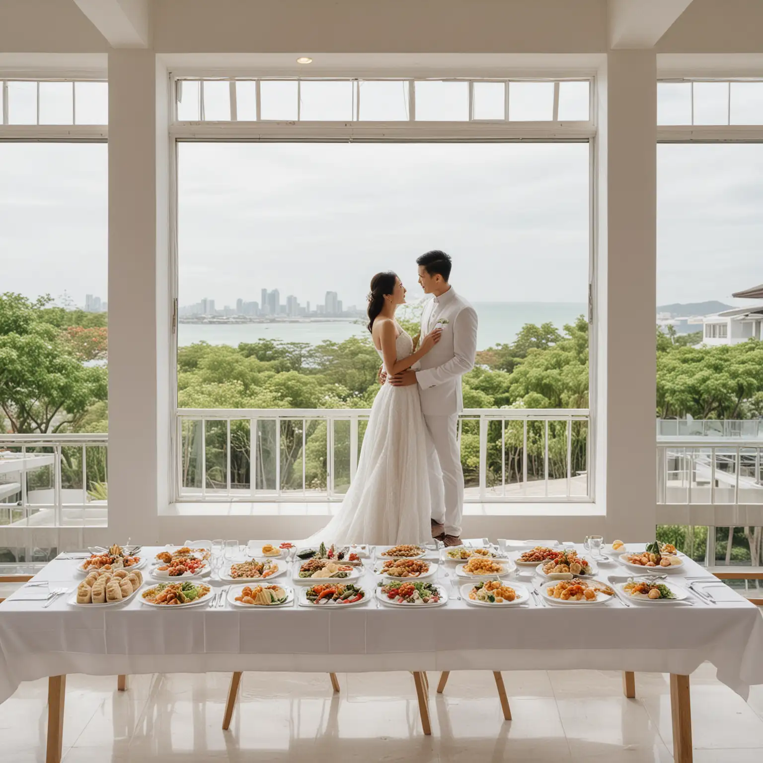 Asian Couple Enjoying Romantic Wedding Buffet Lunch by the Pool with Scenic White Window Frame View